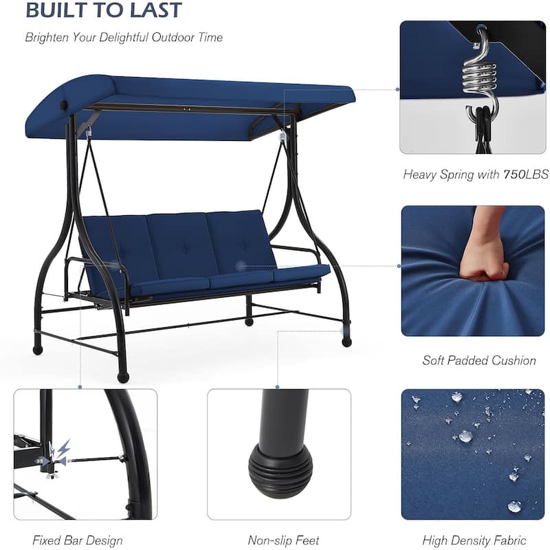 AECOJOY 3-Seat Outdoor Porch Swing w/ Canopy Outdoor Swing Bed