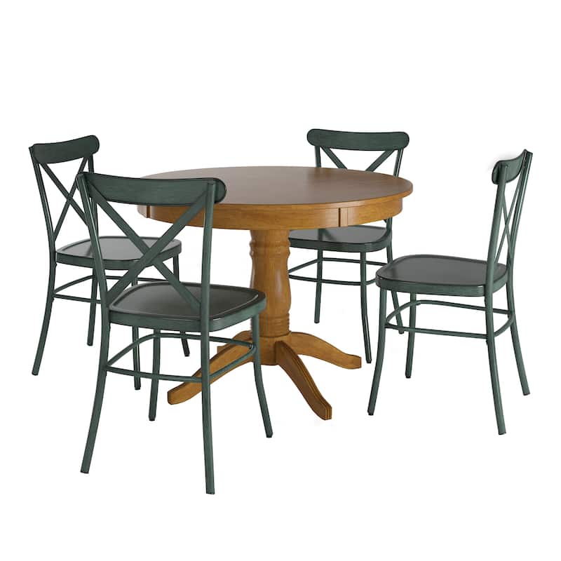 Wilmington II 42" 5-Piece Metal Chair Dining Set by iNSPIRE Q Classic - Oak Table - Antique Sage Green Chairs