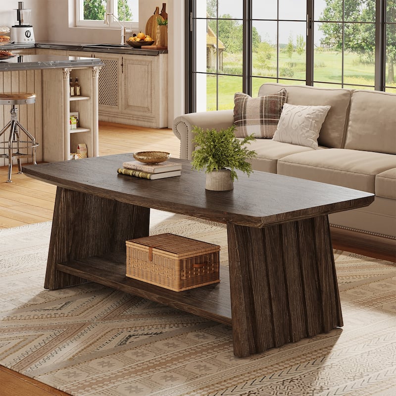 Solid Wood Coffee Table with Storage, 2-Tier Center Accent Table for Living Room Lounge Apartment - Dark Brown