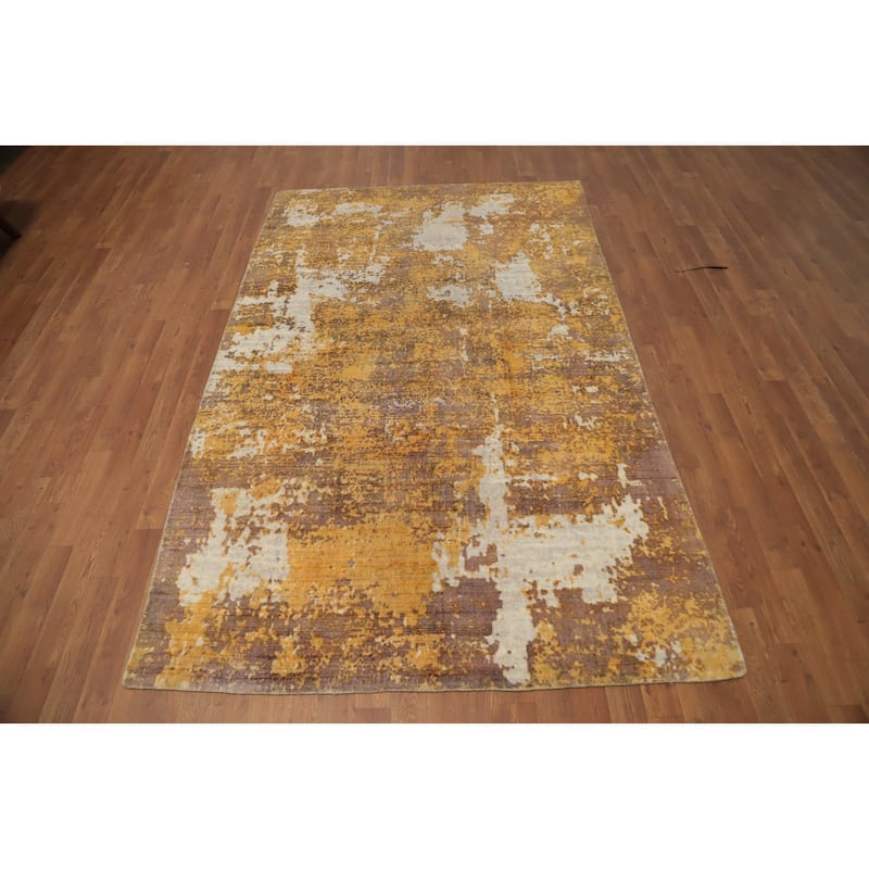 Hand Knotted Oriental Viscose Silk Carpet Modern Abstract Yellow & Gold Abstract Area Rug - 7' 10'' X 4' 11''