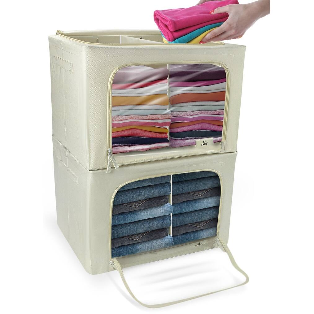 Foldable Storage Bag Breathable Bamboo Fabric Dustproof Organizer Box Charcoal - (2 Section - Beige)