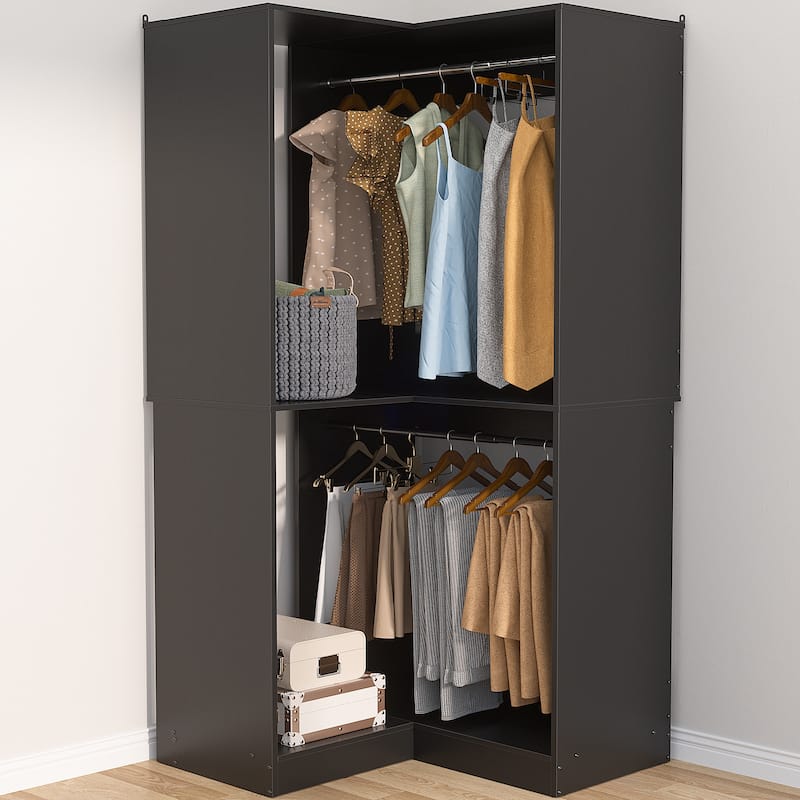 Vryon Corner Closet Organizer, Space-saving Closet System with Hanging Rods for Walk-in Closet - Black