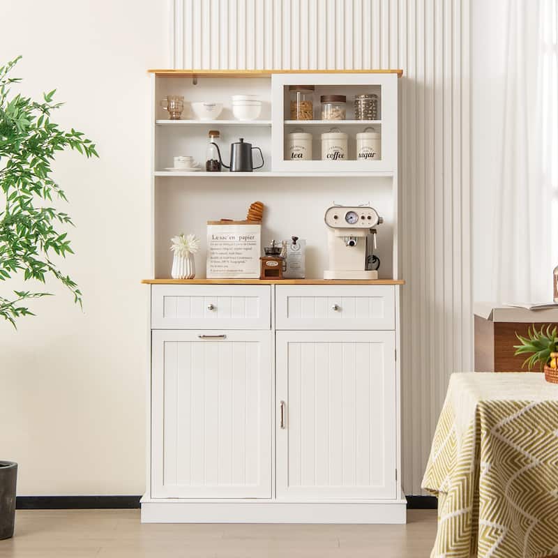 Gymax Double Tilt Out Trash Cabinet w/ Hutch Kitchen Pantry Storage