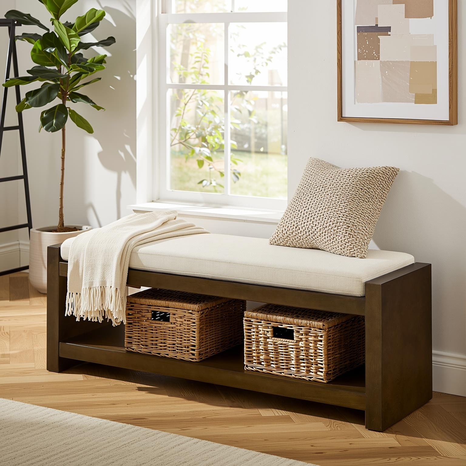 Homy Casa 47" / 40" Accent Bench with Storage, Padded Seating & Lower Shelf Shoe Rack