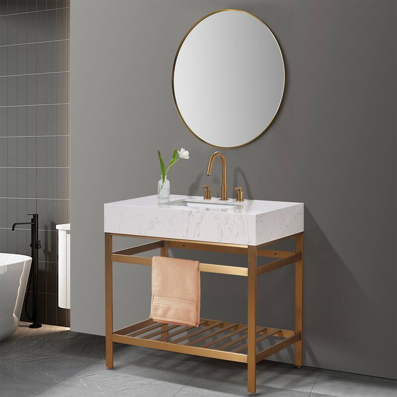 Altair Merano Stainless Steel Vanity Console with Stone Countertop and Mirror