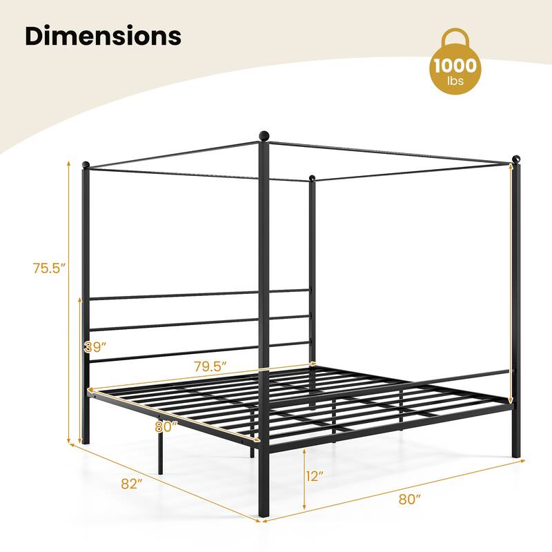 Gymax King Metal Canopy Platform Bed Frame Mattress Foundation w/ Slat