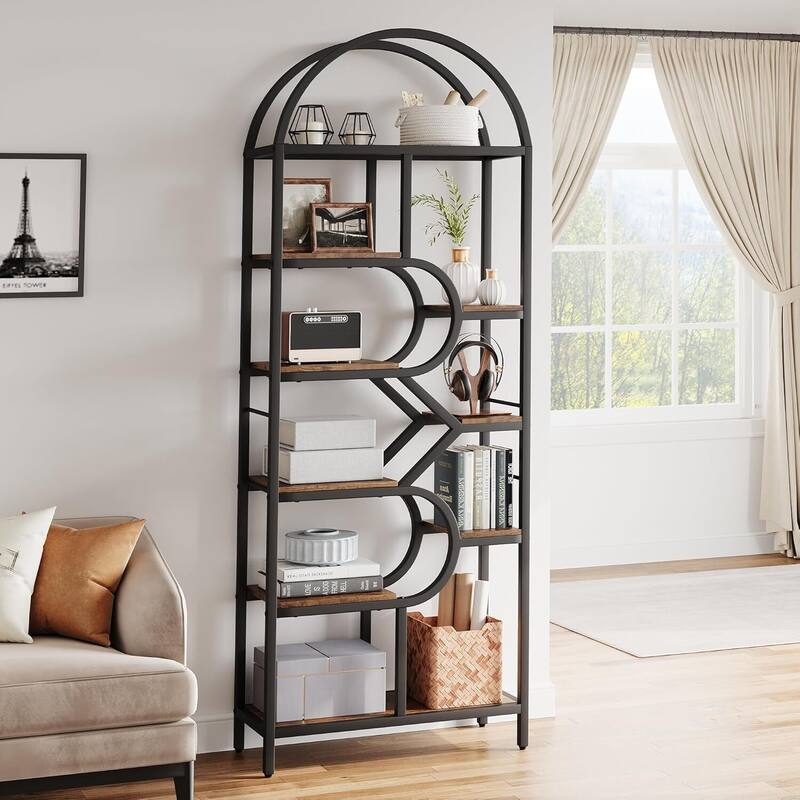 82" 6 Tier Tall Bookshelf, Display Rack with Arched Design - N/A