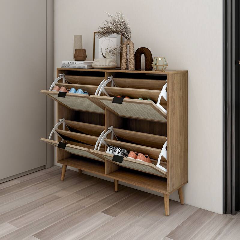 Modern Natural Rattan Shoe Rack Storage Cabinet for Entryway