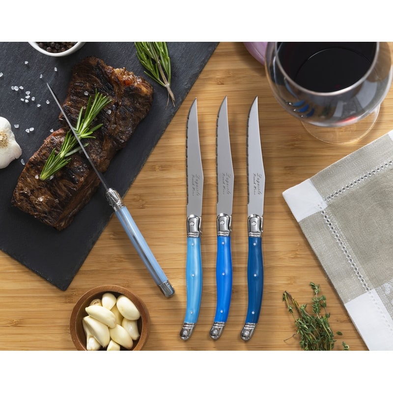 French Home Set of 4 Laguiole Steak Knives, Shades of Blue