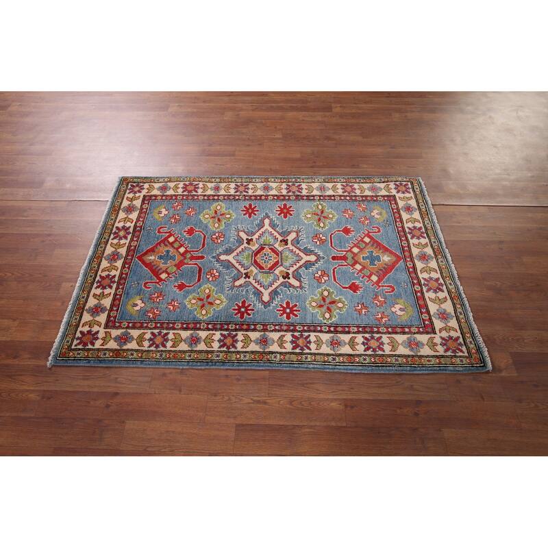 Light Blue Kazak Accent Rug Handmade Wool Carpet - 3'3" x 5'1"