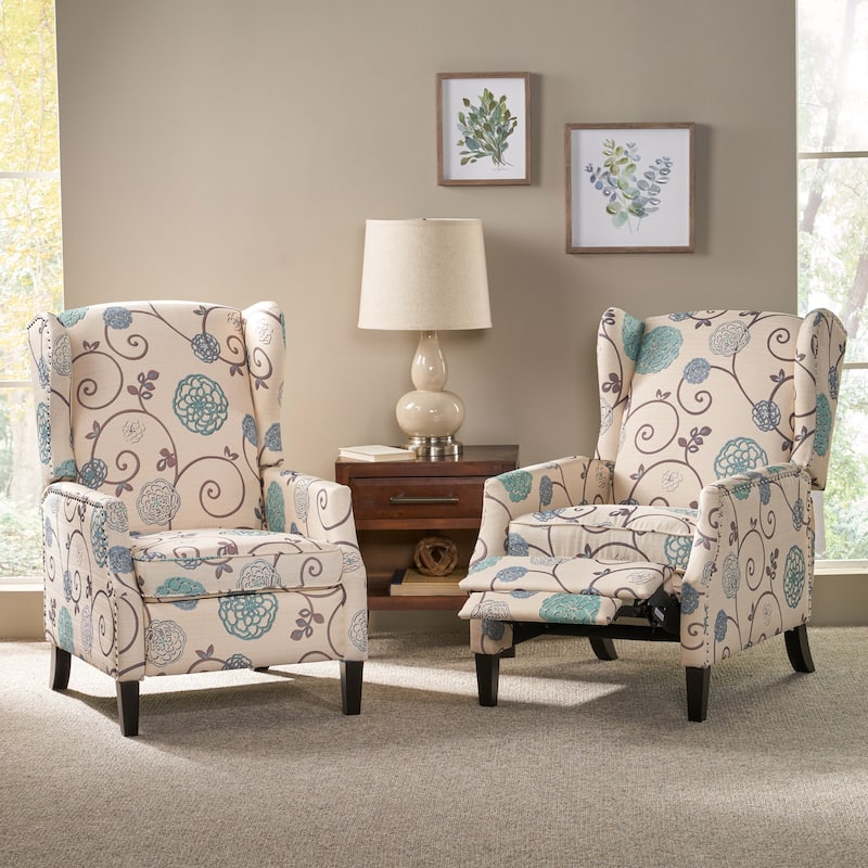 Wescott Contemporary Recliners (Set of 2) by Christopher Knight Home - Light Beige with Blue Floral + Dark Brown