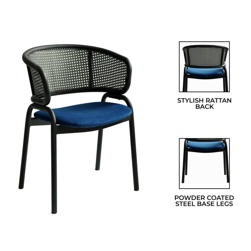 Ervilla Modern Upholstered Accent Side Chair with Wicker Back and Black Iron Legs for Dining Room & Kitchen, Set of 2