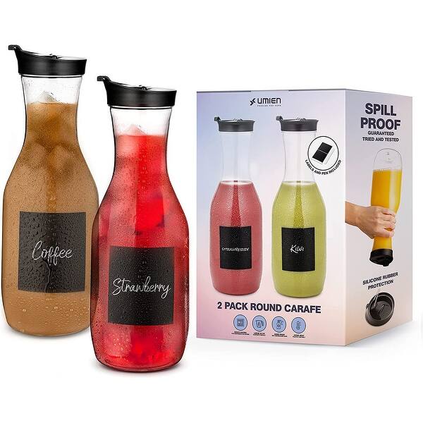 slide 8 of 24, UMIEN Carafe Pitcher Square – Clear Beverage Carafes with Flip Top Lid, Easy Pour BPA Free Plastic Drink Container, 50 Ounce Wide Round