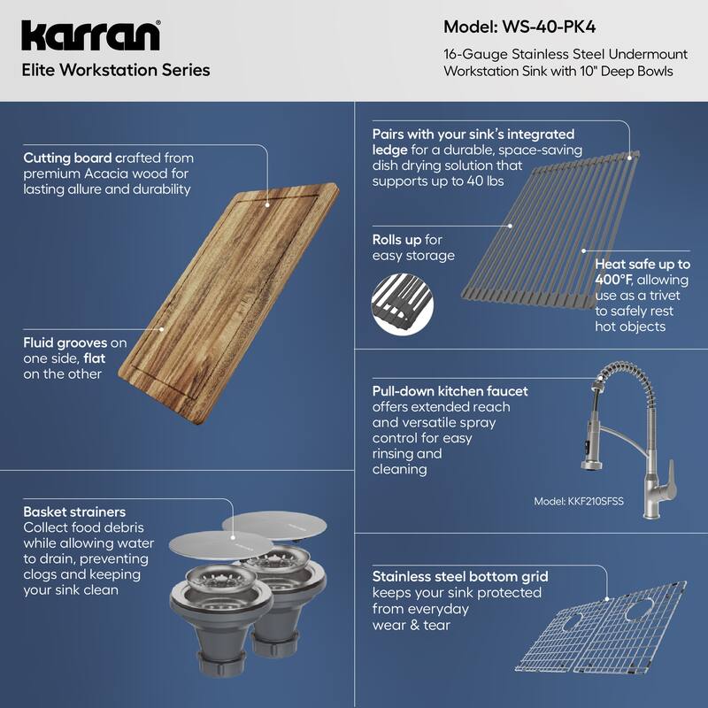 Elite 32" Undermount Workstation 16 Gauge Double Bowl Stainless Steel Kitchen Sink with Scottsdale Pull-Down Faucet