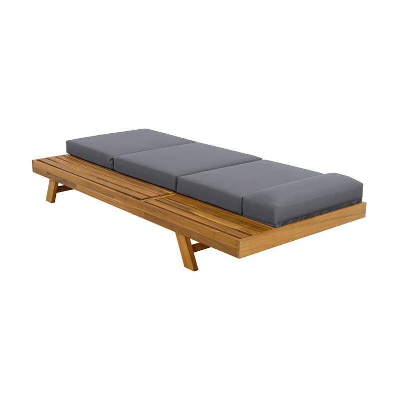 One-sided Open Storage Lounge Chairs Outdoor Patio Acacia Wood Chaise Lounge with Adjustable Backrest & Water-repellent Cushions