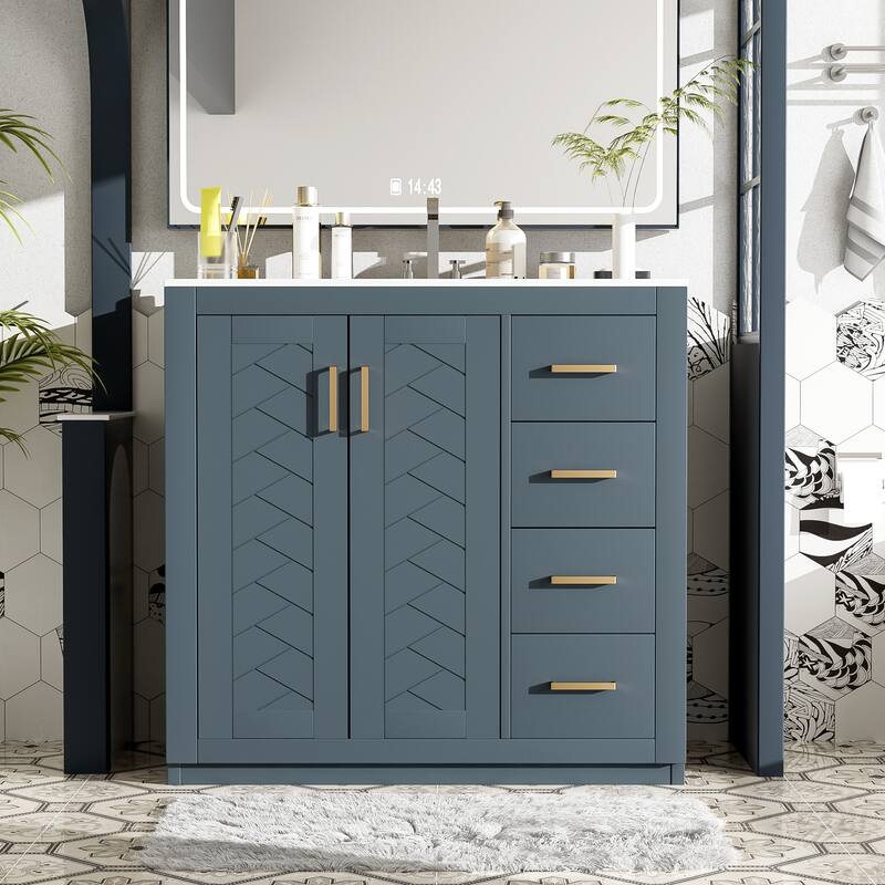 Modern 36-Inch Bathroom Vanity Combo with Ceramic Sink, Solid Wood Cabinet, 3 Drawers & Soft-Close Doors