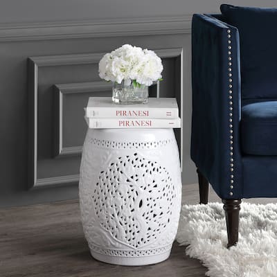 Tree of Life 18" Ceramic Garden Stool, White by JONATHAN Y