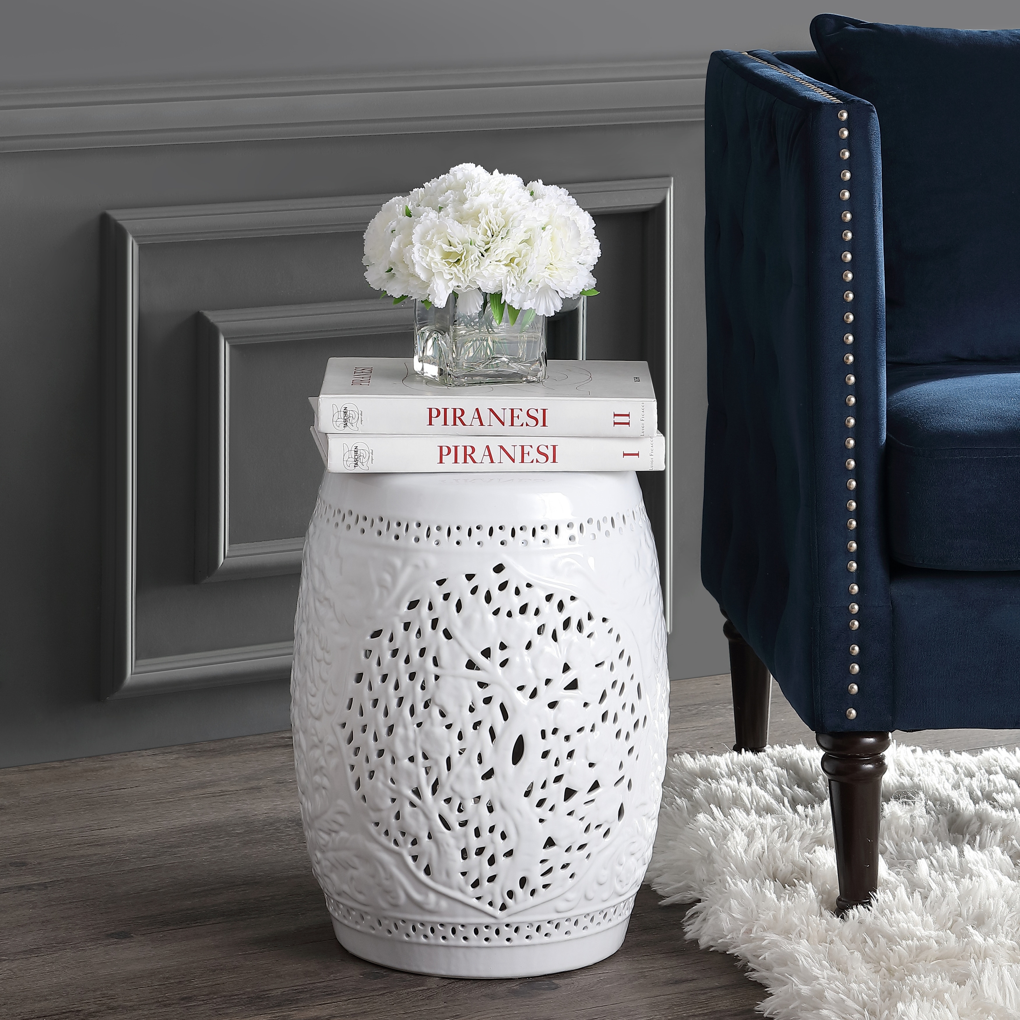 Tree of Life Traditional Floral Chinoiserie Ceramic Drum Garden Stool, Pierced Indoor/Outdoor Patio Seat & Side Table