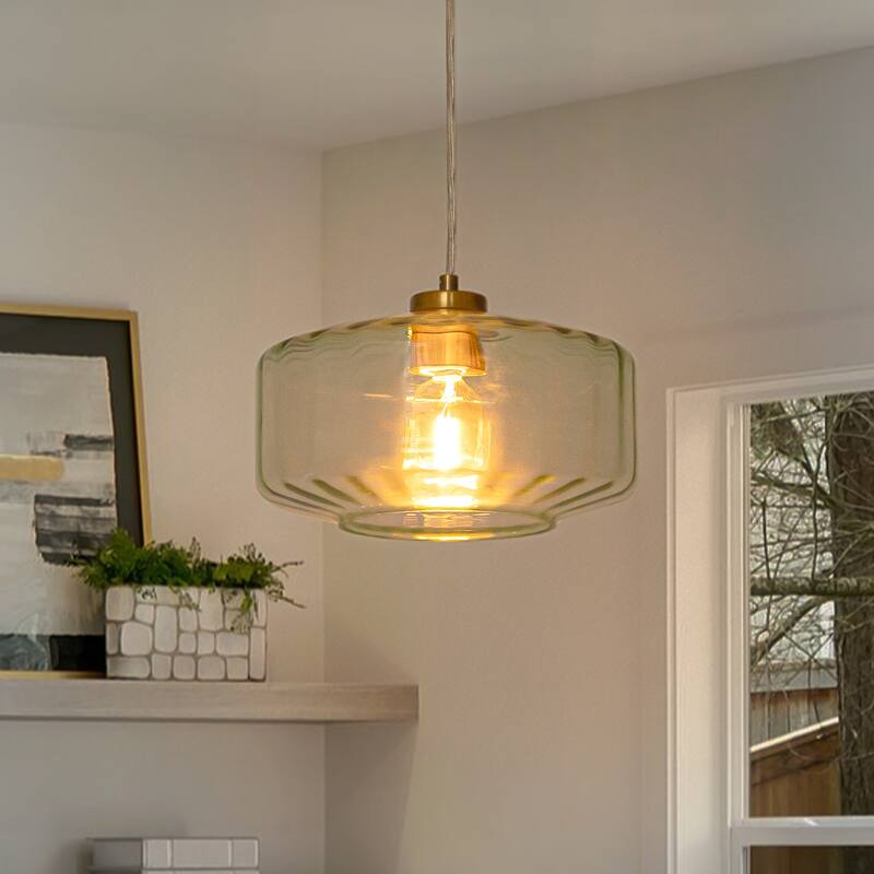 Mid-century Modern 1-Light Lantern Glass Pendant Light with Green Ribbed Glass Shade for Kitchen Island, Dining Room