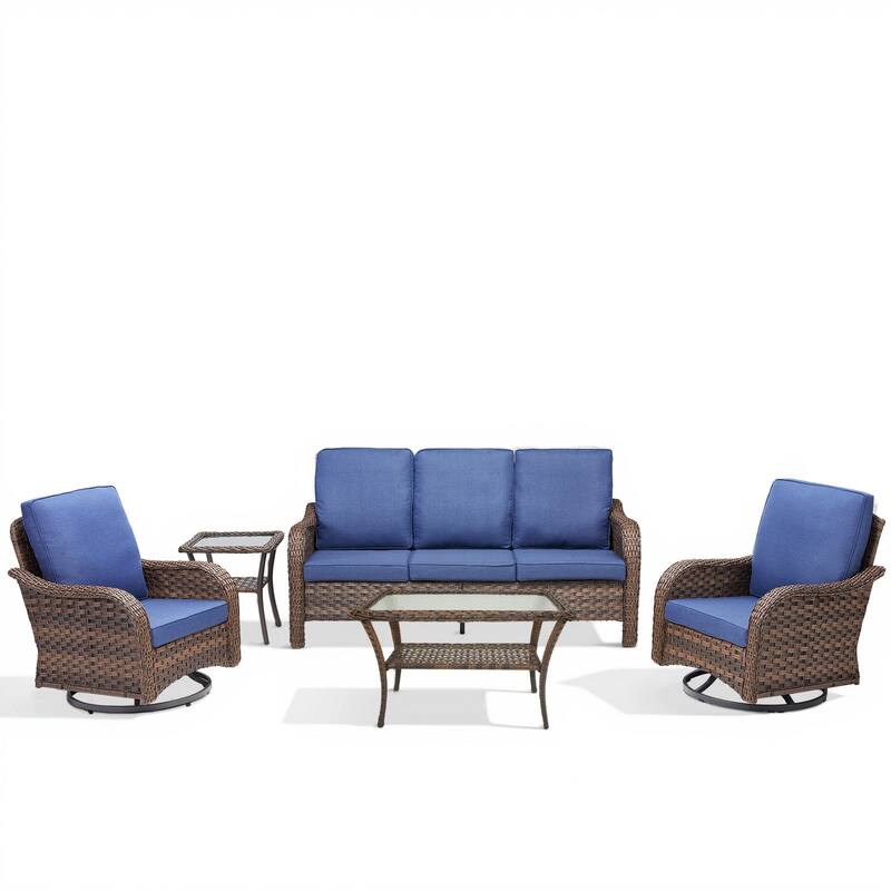 Cavira 5-Piece Outdoor Patio Brown Wicker Conversation Set with Olefin Cushions