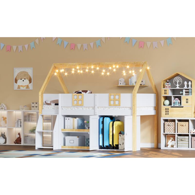 Roomfitters Twin/Full Low Loft Bed with LED Lights, Storage Staircase and Cabinets