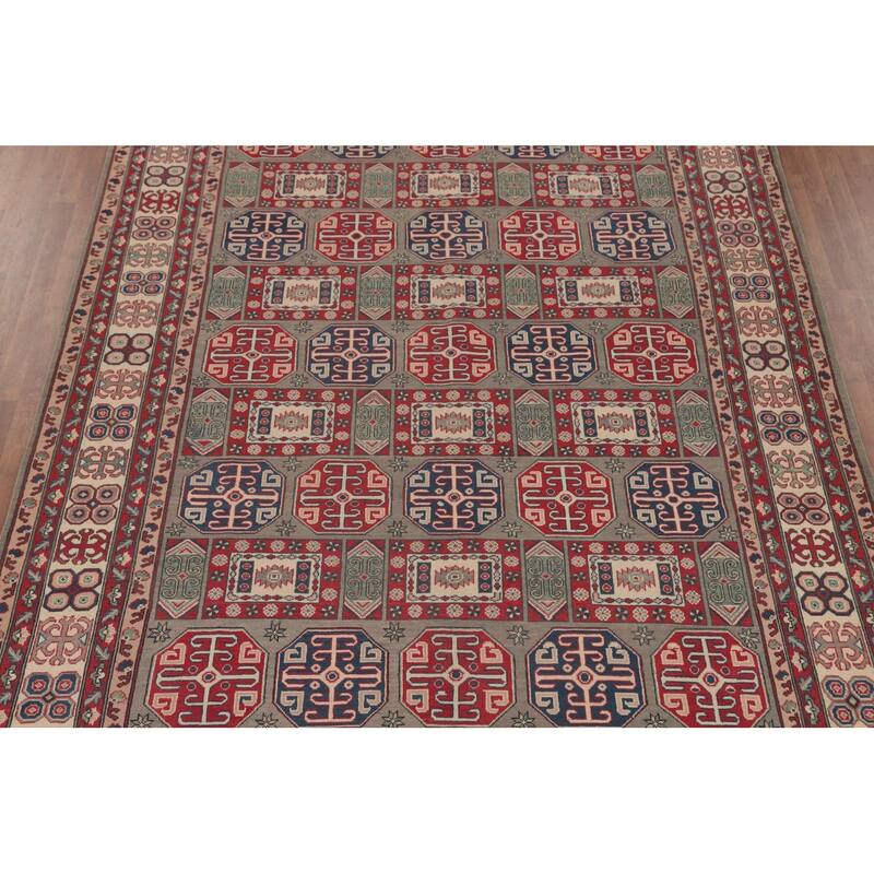 Kazak Oriental Area Rug Hand-Knotted Geometric Wool Carpet - 8'10" x 11'9"