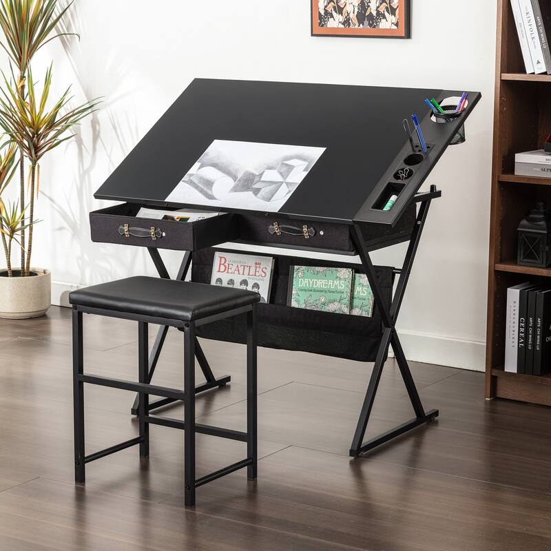 Javlergo Drafting Table Drawing Table Artist Desk Tilting Tabletop Art Craft Desk 2 Storage Drawers and Stool for Home Office - Black