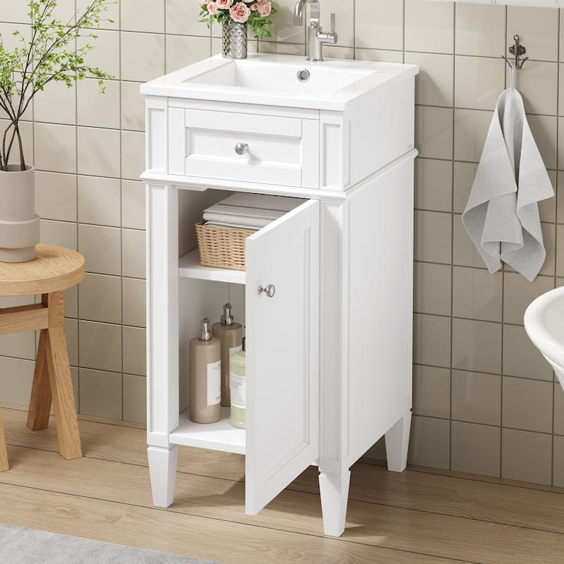 16-inch Freestanding Bathroom Vanity with Ceramic Sink - French Style Single Vanity with Soft-Closing Door & Solid Feet