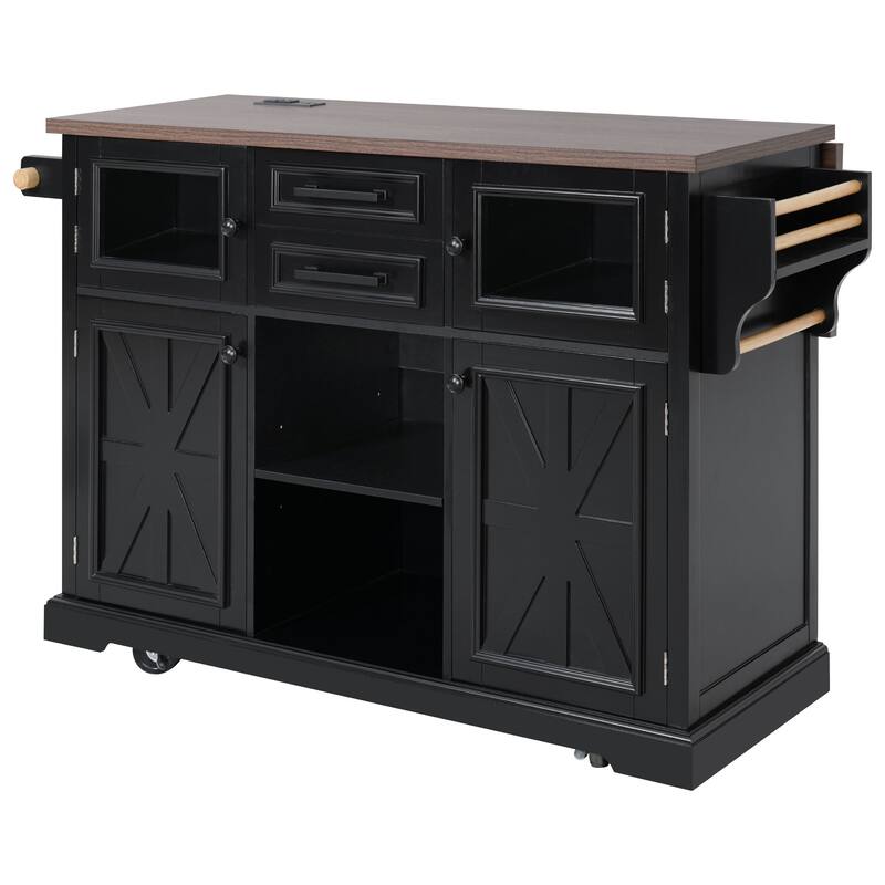 54.9" Kitchen Island with Drop Leaf, Power Outlet, with 4 Door Shelves, Cross Barn Doors & Visual Glass Door on 4 Wheels