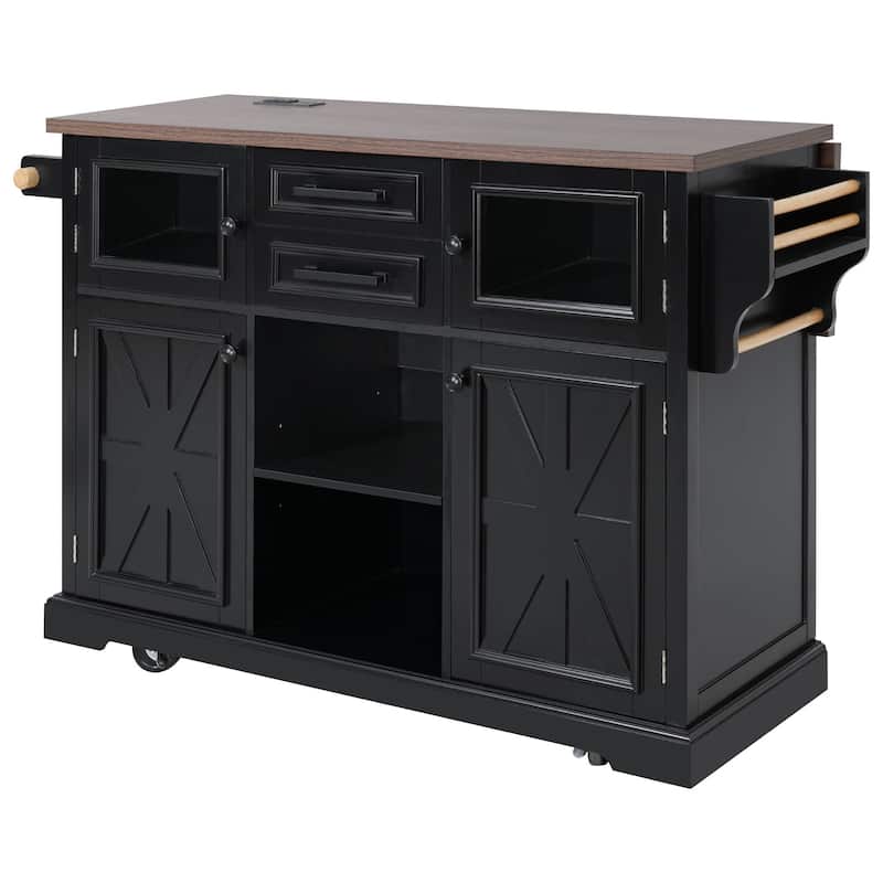 Kitchen Island with Drop Leaf, Power Outlet and 4 Door Shelves