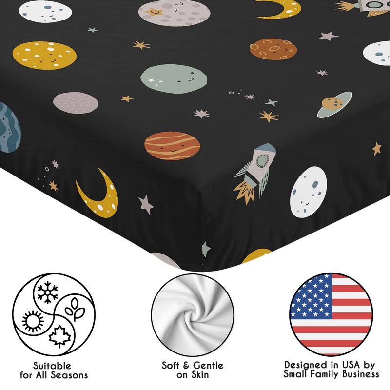 Sweet Jojo Designs Black Space Themed Boy Fitted Crib Sheet -Moon & Stars, Whimsical, Outerspace, Galaxy Planets, Rockets, Moons