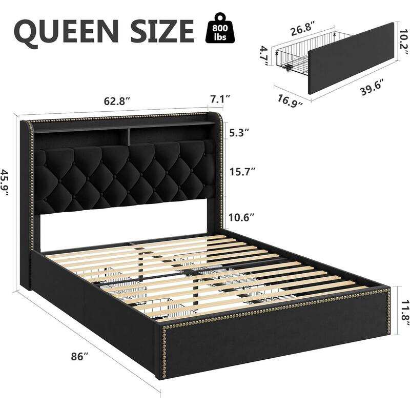 Velvet Bed Frame, with 4 Storage Drawer and Tufted Headboard