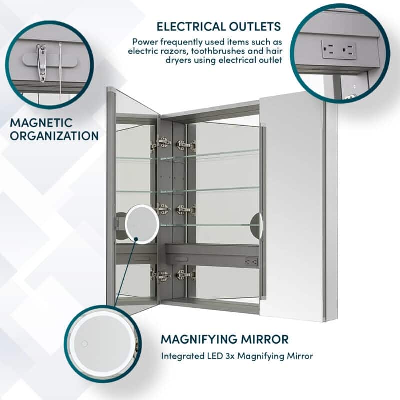 AQUADOM Royale Medicine Cabinet Defogger, 3X LED Lighted Vertically Adjustable Magnifying Mirror, Electrical Outlets.