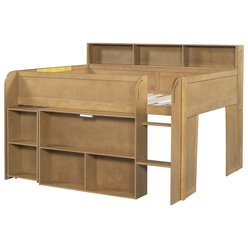 Full Size Wood Kids Loft Bed Frame with Pull-out Desk, Multiple Storage Bookshelf Built-in LED