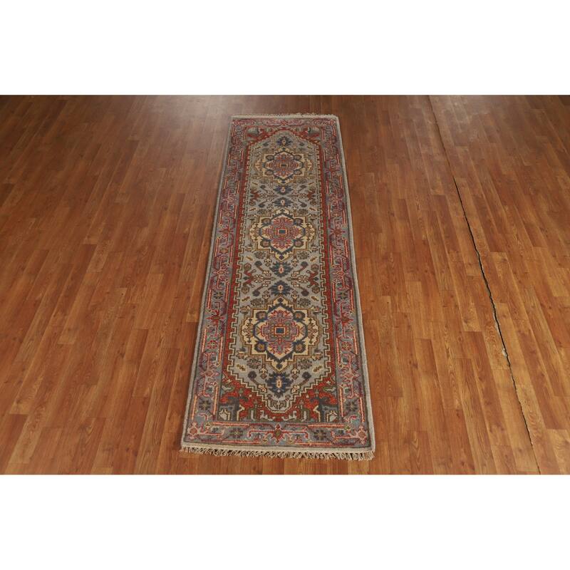 Hand Knotted Oriental 100% Wool Carpet Traditional Geometric Greys & Charcoal Heriz (serapi) Runner Rug - 7' 11'' X 2' 7''