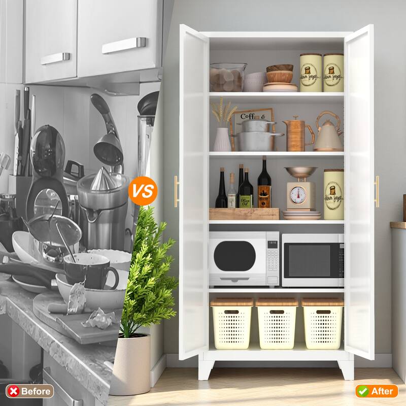 Anmytek White Metal Storage Cabinet with 2 Doors and Adjustable Shelves for Bedroom, Living Room