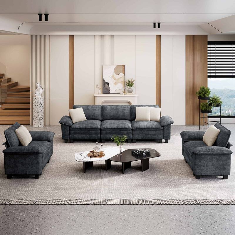 MAISON ARTS Modular Living Room Sofa Set, Comfy 5/6/7-Seat Sectional Couch with 3-Seater, Loveseat or Armchair - Blue Grey Chenille (5 Pieces) - Reversible