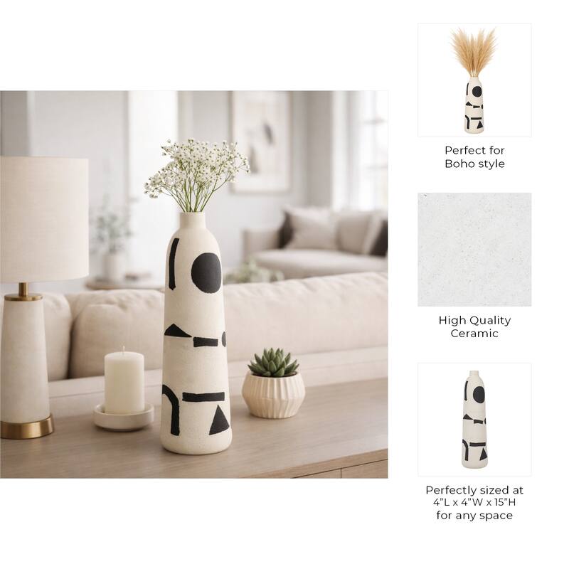 Ceramic Cylinder Geometric Funky Vase - Ivory, 15"