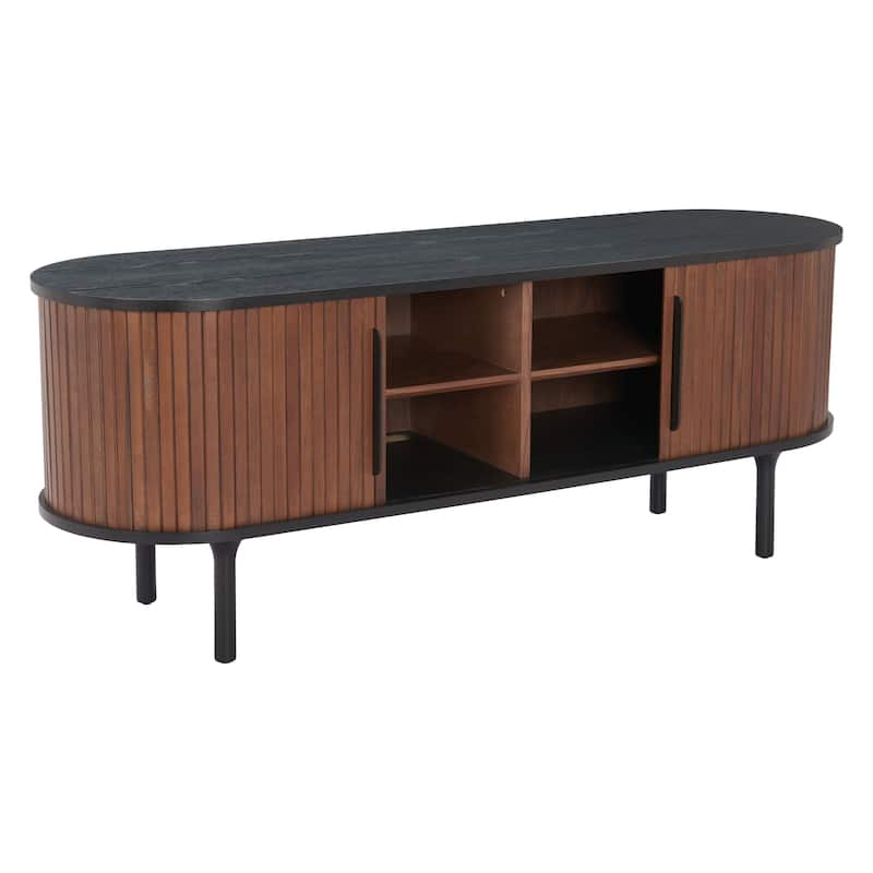 HomeRoots 60" Black And Walnut Wood Ribbed Texture Sideboard with Two Sliding Doors - 60.00 in. x 22.80 in. x 18.00 in.