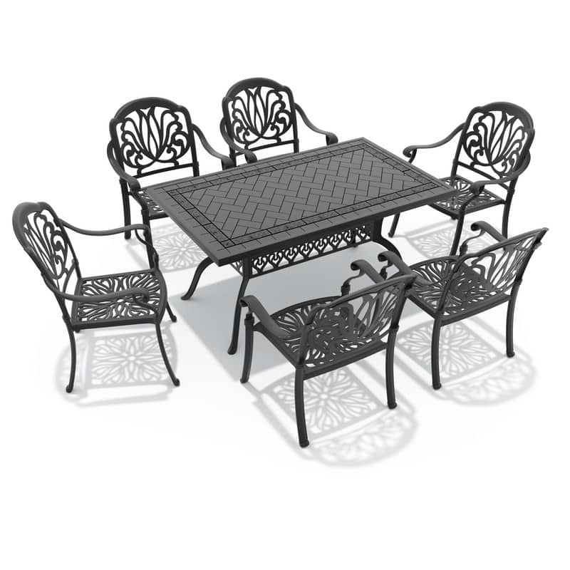 7-Piece Cast Aluminum Outdoor Dining Set with Random Color Seat Cushions