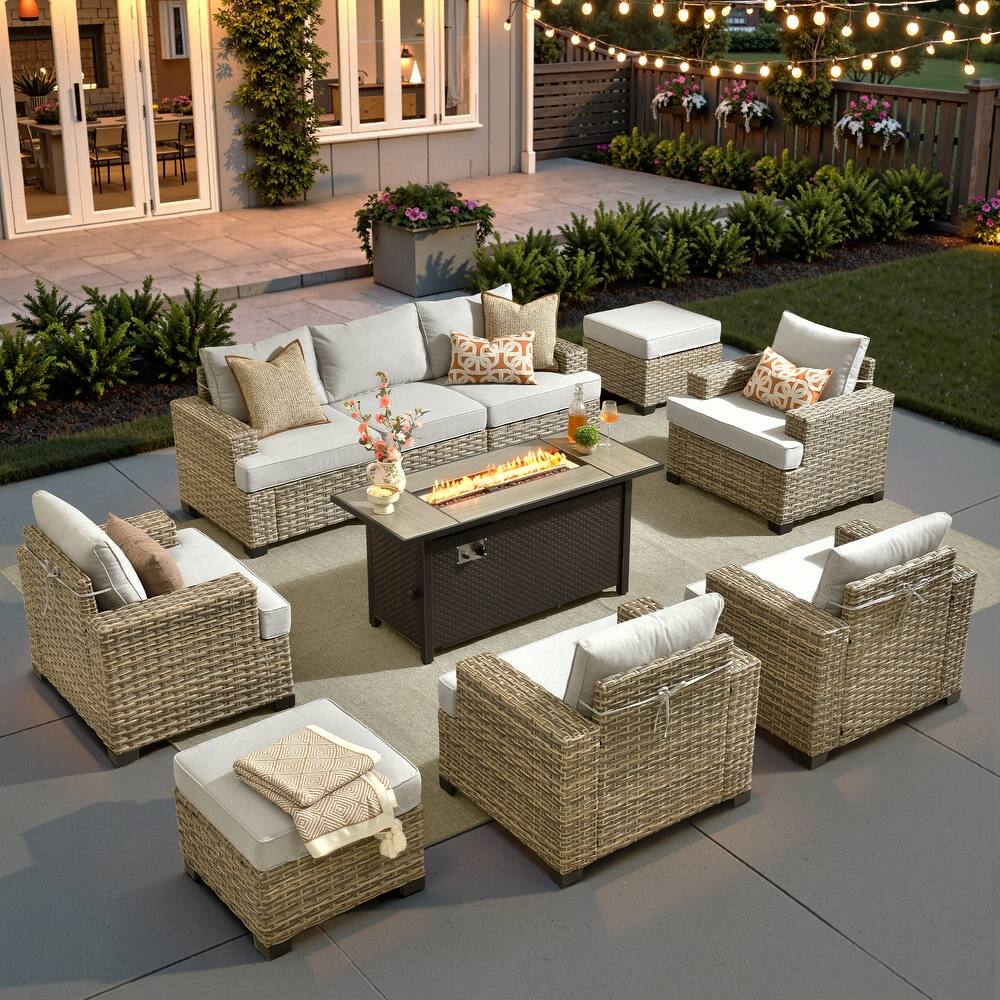 XIZZI 10-piece Outdoor Patio Wicker Furniture Sectional Set with Fire Table