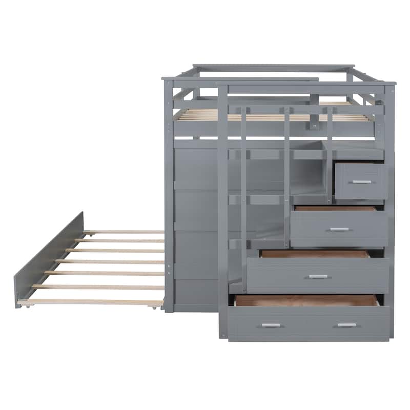 Twin/Full Size Bunk Bed with Trundle Bed and Storage Staircase, Solid Pinewood Bunk Bed Frame with Safety Guardrail