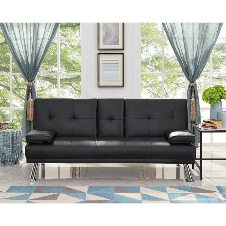 Convertible Futon Sofa Bed with Armrests & Cupholders - Faux Leather Reclining Couch for Small Spaces