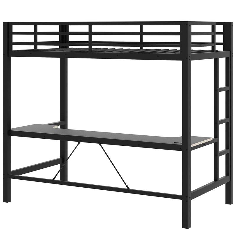 Gaming Loft Bed with RGB LED Light & USB Charge Station, Metal Loft Bed Frame w/Built-in Desk & Full-Length Guardrails