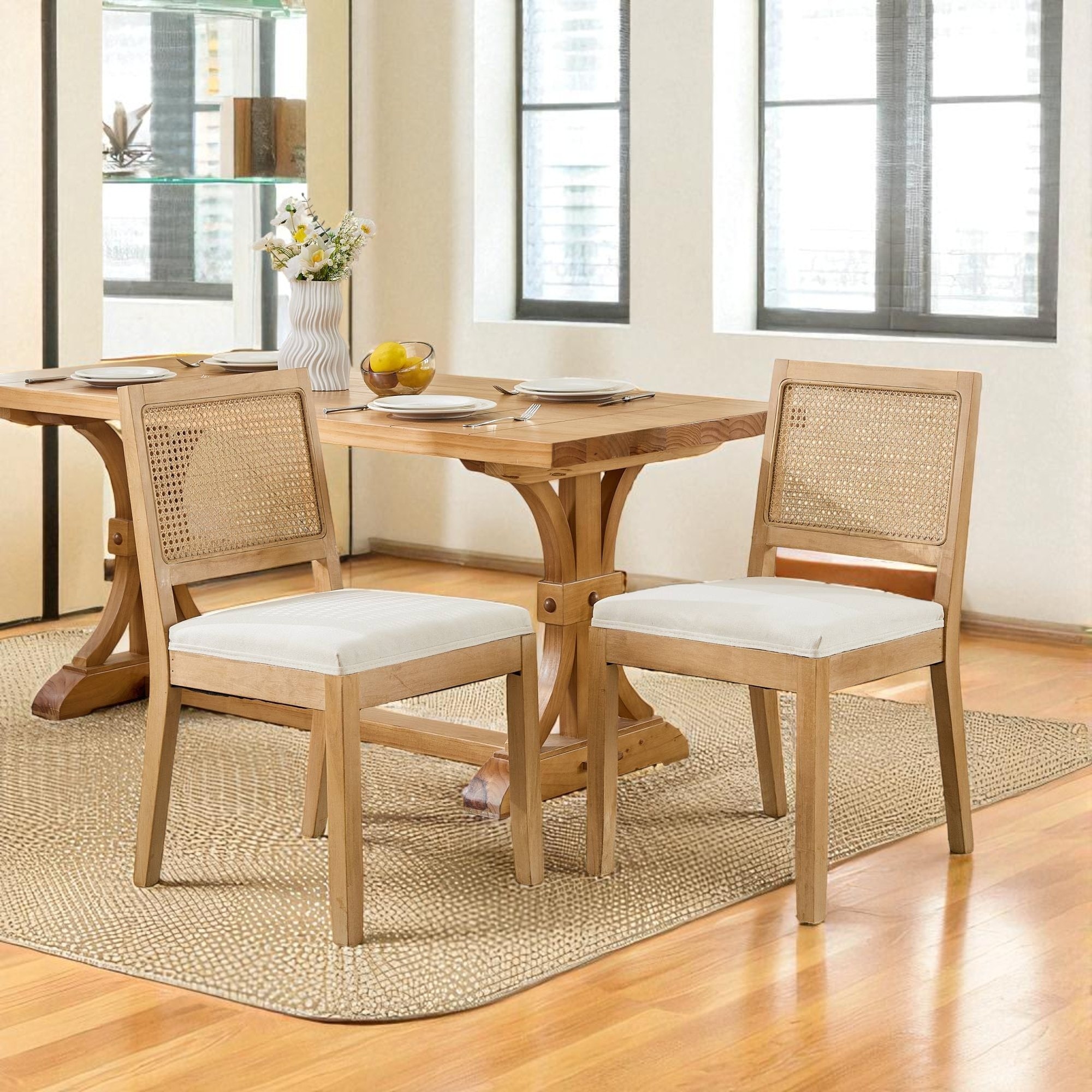 Set of 2 Rattan Dining Chairs, Mid-Century Modern Linen Upholstered Side Chairs with Cane Back and Solid Rubberwood Frame