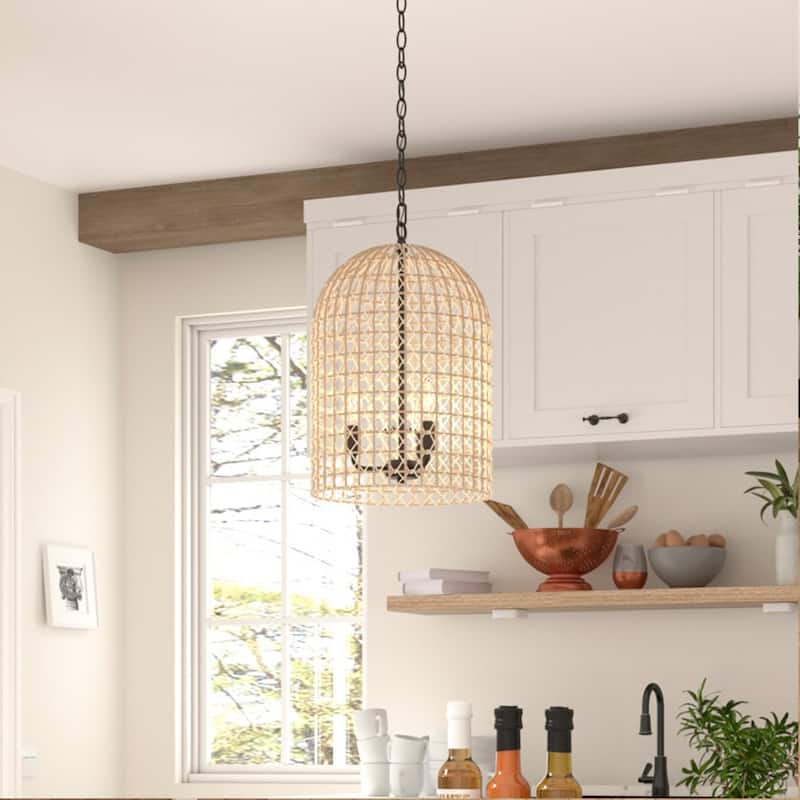3-Light Dimmable Dome Pendant Light Rope Chandelier with Black Metal Chain