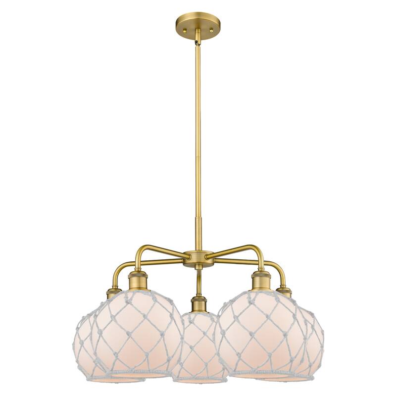 Innovations Lighting Endless Possibilities Ballston - Farmhouse Rope - 5 Light 27" Stem Hung Chandelier - Brushed Brass/White Glass with White Rope