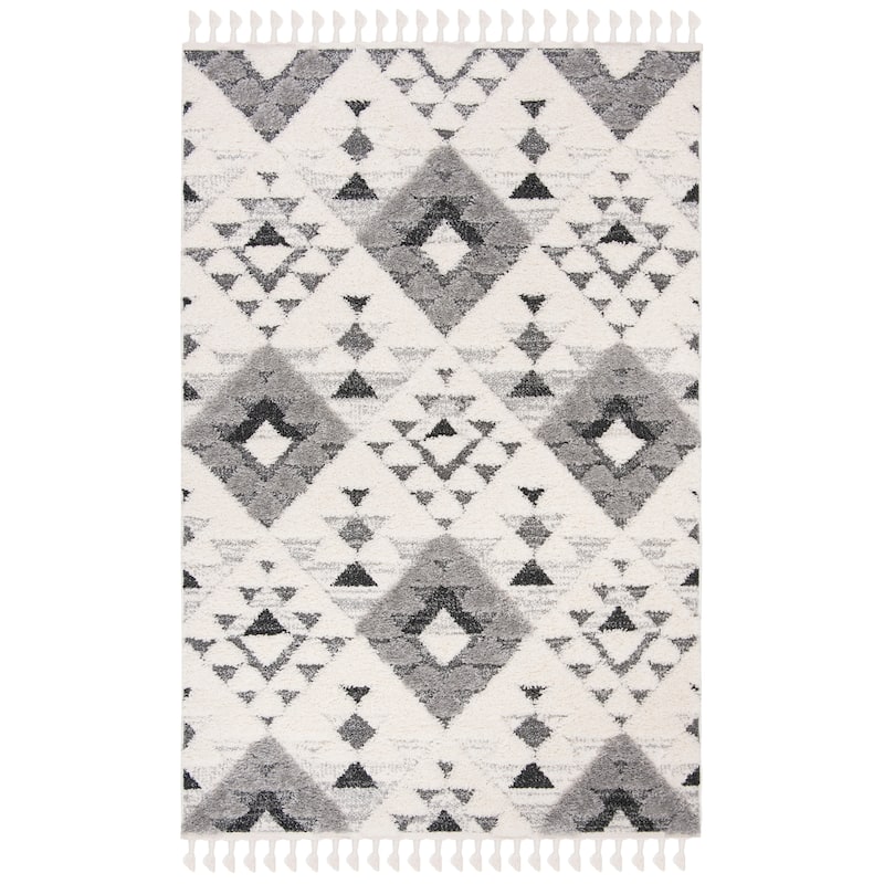 SAFAVIEH Moroccan Tassel Shag Kobi 2-inch Thick Rug - 2'3" x 4' - Ivory/Grey
