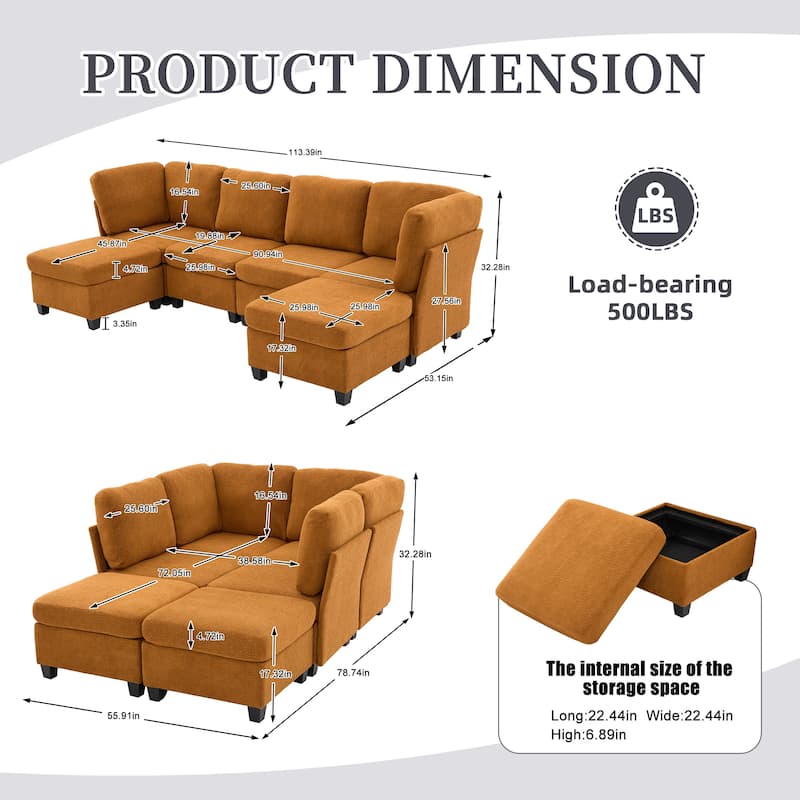 HOMEFUN 6-Seat Polyester Upholstered U-Shaped Modular Storage Sleeper Sectional Sofa with Storage Ottoman