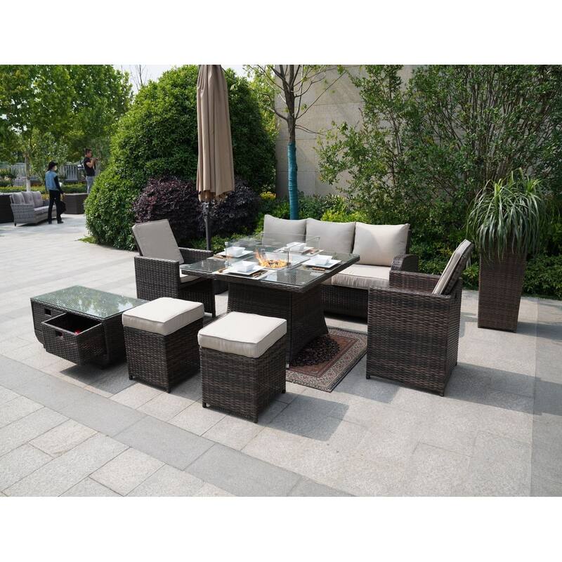 Outdoor Wicker Sofa Patio Set Seating Furniture with Fire Pit Table